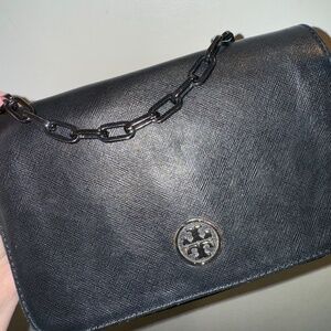 Black Tory Burch Flap Crossbody Bag with Black Chain Strap